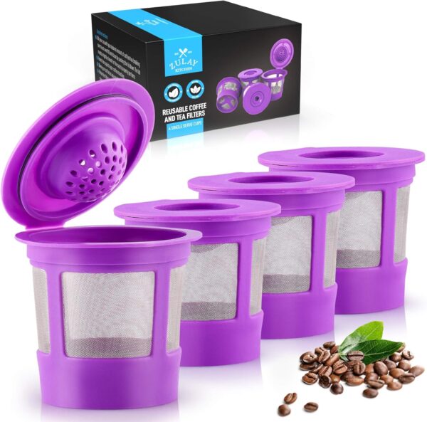 Zulay (4 pack) Reusable Coffee Pods For Keurig Coffee Makers 1.0 & 2.0 - Refillable Coffee Pod Filters For K Cup Friendly Machines - Stainless Steel Fine Mesh, Easy To Clean & Eco Friendly - Purple 1