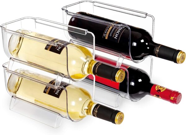 Vtopmart Refrigerator Wine and Water Bottle Holder, 4Pack Stackable Plastic Wine Rack Storage Organizer for Fridge, Cabinet, Pantry, Kitchen Countertops, Clear 1