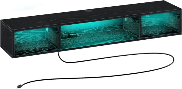 Rolanstar TV Stand with Power Outlet, Floating TV Stand with RGB Lights, 55.1" Wall Mounted TV Shelf, Black Media Console with Storage Shelf, Entertainment Shelf Under TV for Living Room, Bedroom 1