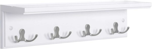 SONGMICS Coat Rack with Shelf, Wall-Mounted Coat Rack, with 4 Metal Dual Hooks for Coats, Bags, for Entryway, Bedroom, Living Room, White ULHR42WT 1