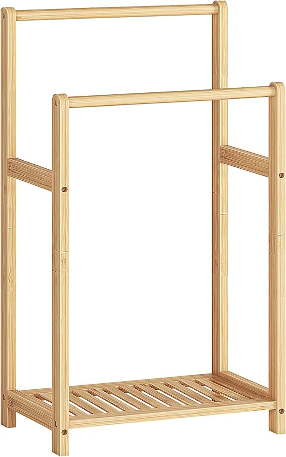 HOOBRO Freestanding Towel Rack for Bathroom, 2 Tier Decorative Bamboo Blanket Rack, Quilt Display Stand with Storage Shelf, 16.5" L x 9.4" W x 30.5" H, Bedroom, Living Room, Natural Color YL02LB01 1