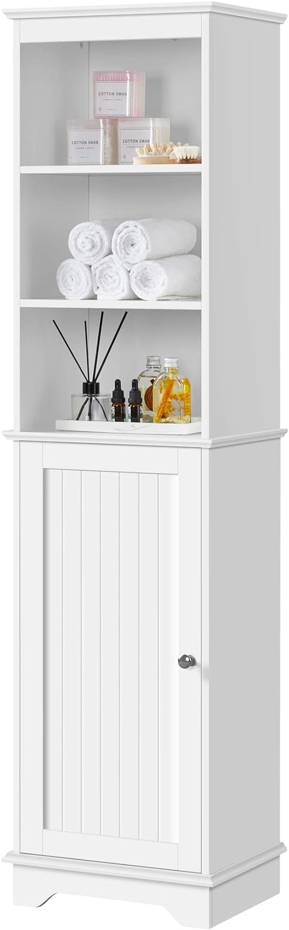Yaheetech Bathroom Cabinet, Storage Cabinet with 3 Open Shelves & Single Door, Floor Freestanding Tall Linen Cabinet, Narrow Corner Organizer for Bathroom, Living Room, White 1