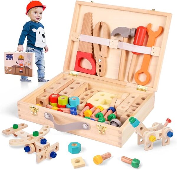 Wdmiya Kids Tool Set, 55 Pcs Wooden Toddler Toy Tool Set for 2-4 Age Birthday Gift, Montessori Pretend Play Construction Toys with Tool Kit for 2 3 4 5 Year Old Boys & Girls Educational STEM 1