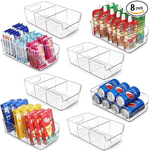 Set of 8, Stackable Clear Bins with Removable Dividers - Food Snack Organizer, Pantry Organization and Storage - Plastic Home Containers - Refrigerator, Fridge, Kitchen Cabinet Organizing Bins 1
