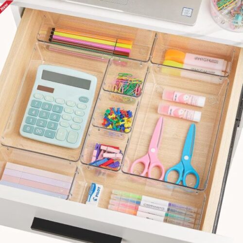 1 60 PCS Drawer Organizer, 4-Size Clear Plastic Drawer Organizer Bins Containers for Bathroom and Vanity Storage