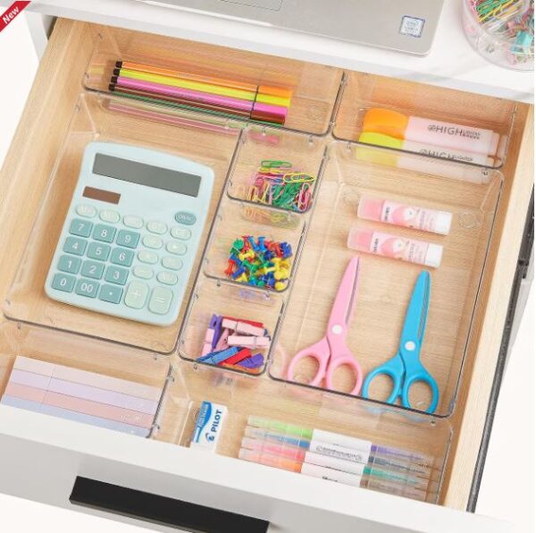 60 PCS Drawer Organizer, 4-Size Clear Plastic Drawer Organizer Bins Containers for Bathroom and Vanity Storage 1