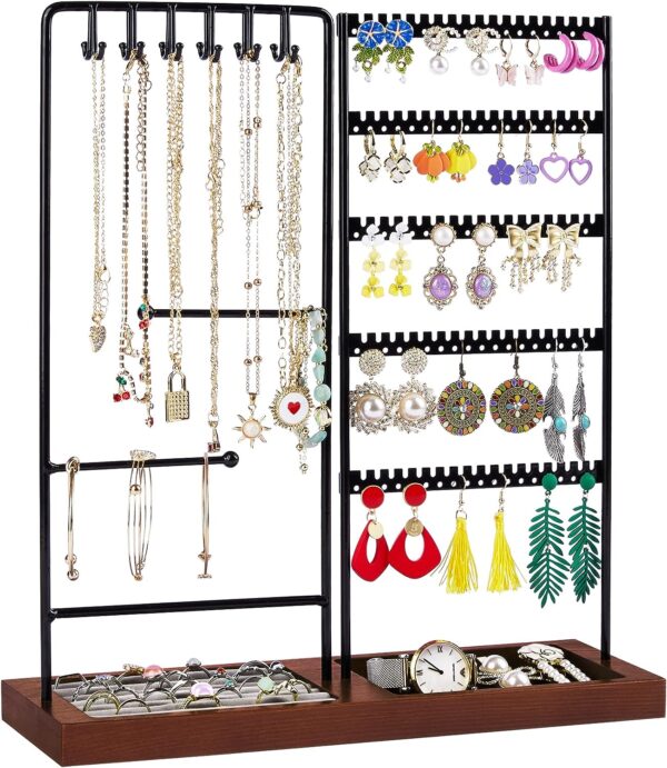 Vtopmart Earring Organizer, 5-Tier Earring Holder Organizer Display for Selling, Jewelry Organizer Holder Stand with 90 Holes, Black+ Walnut 2