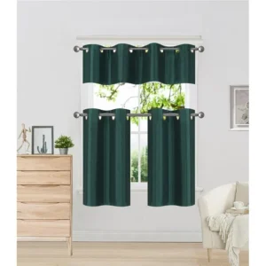 K7 Hunter Green 3-Piece Solid Faux Silk Blackout Grommet Kitchen Window Curtain Set, Two (2) Lined Tiers Panel 28"W x 24"L Each and One (1) Matching Lined Valance 56"W x 14"L