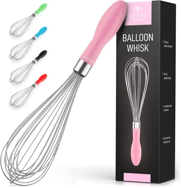 Zulay 12-Inch Stainless Steel Whisk - Balloon Whisk Kitchen Tool With Soft Silicone Handle - Thick Durable Wired Whisk Utensil For Blending, Beating, Whisking, Frothing, Stirring & More (Pink) 1