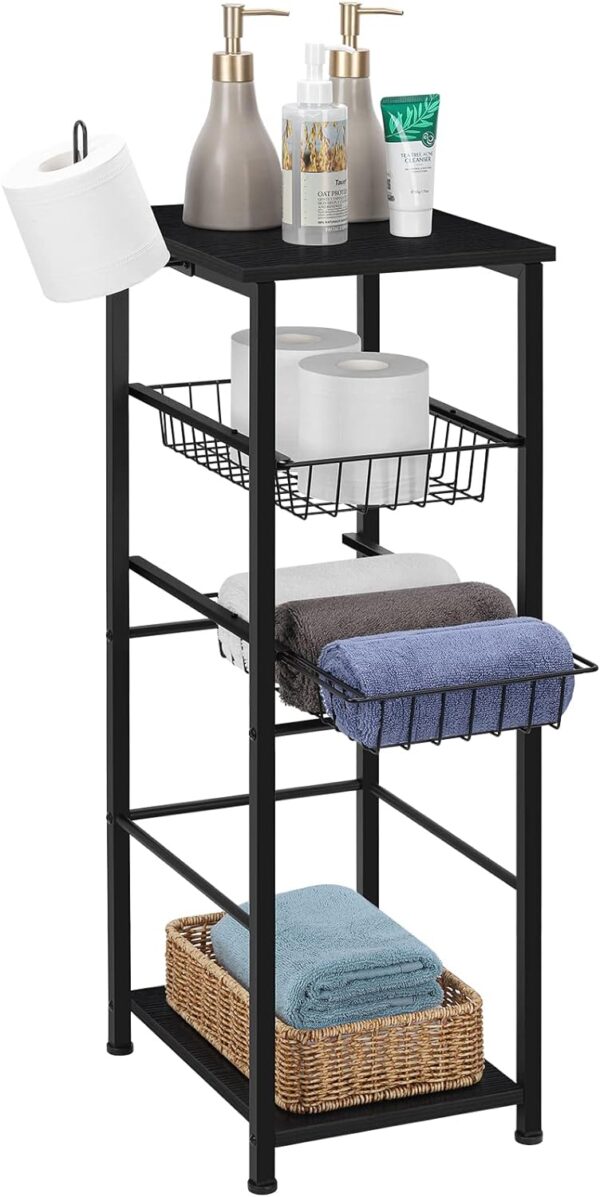NOVIMANGO Small Storage Cabinet Bathroom Shelves Narrow Storage Tower Rack with 2 Drawers Freestanding Toilet Paper Organizer Cabinet with Paper Hanger Wooden Multifunctional Slide Basket Stand Black 1