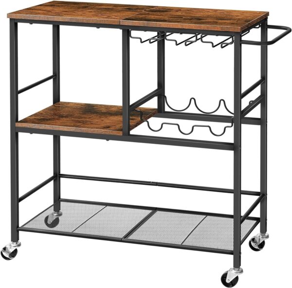 HOOBRO Bar Cart for The Home, 29.5 inches 3-Tier Serving Cart with Wheels, Rolling Kitchen Cart with Wine Rack and Glass Holder for Living Room, Party, Bar, Rustic Brown and Black BF21TC01 1