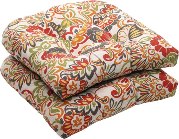 Pillow Perfect Bright Floral Indoor/Outdoor Chair Seat Cushion, Tufted, Weather, and Fade Resistant, 19" x 19", Green/Red Zoe, 2 Count 1