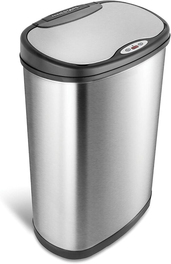NINESTARS DZT-50-13 Automatic Touchless Motion Sensor Oval Trash Can with Black Top, 13 gallon/50 L, Stainless Steel 1
