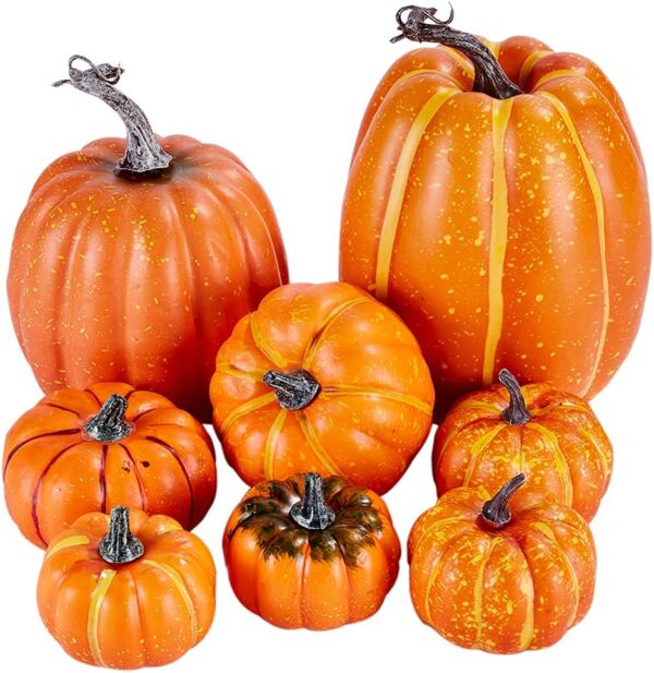 Artmag 8 Pcs Assorted Sizes Harvest Orange Artificial Pumpkins for Fall Halloween Thanksgiving Decorating Embellishing and Displaying 1