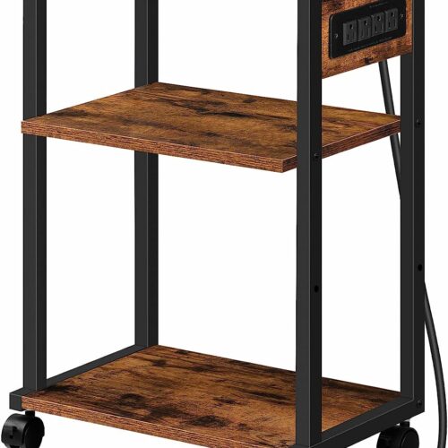 HOOBRO Industrial Printer Stand with Charging Station, 3-Tier Printer Table, Rolling Printer Cart with Adjustable Shelf and Hook, Rustic Brown and Black BF28UPS01