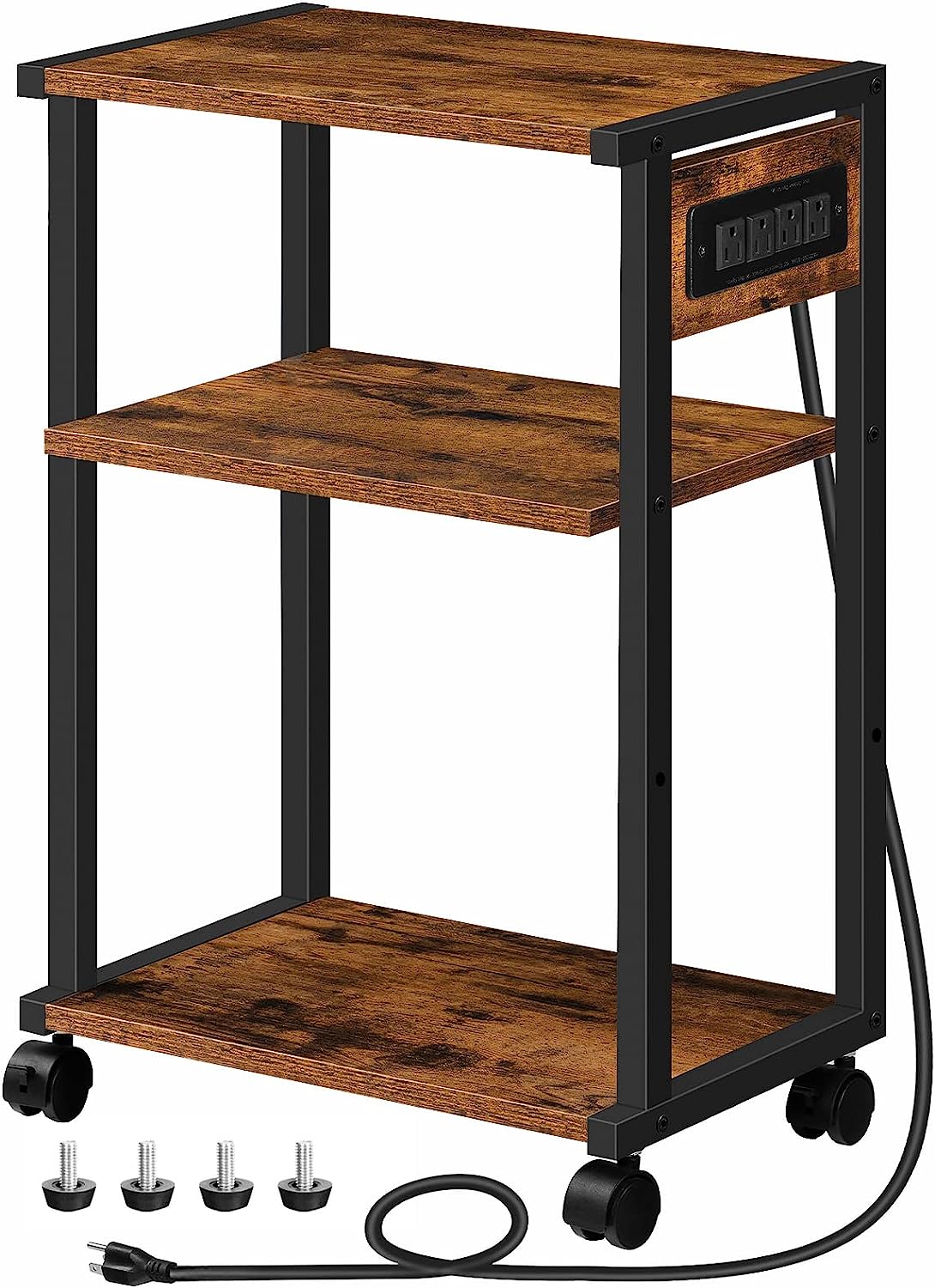 HOOBRO Industrial Printer Stand with Charging Station, 3-Tier Printer Table, Rolling Printer Cart with Adjustable Shelf and Hook, Rustic Brown and Black BF28UPS01