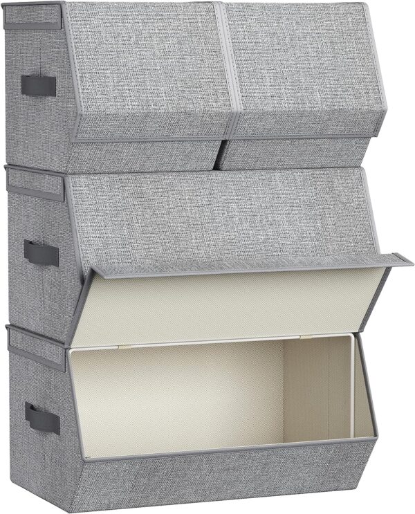 SONGMICS Storage Bins with Lids, Set of 4 Dorm Storage Bins, Collapsible Storage Cubes with Magnetic Closures, a Semi-Open Front, Lid Can Stay Open after Stacked up, Gray URLB22GY 1