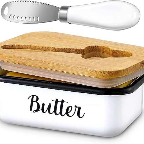 111 Butter Dish with Lid and Butter Curler Knife for Countertop - Unbreakable Metal Keeper Container with High-quality Double Silicone Sealing, for Kitchen Farmhouse Decor