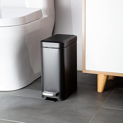Small Bathroom Trash Can with Lid-5L/1.3 Gal Stainless Steel Step Pedal Trash Can, Black Slim Wastebasket Easy-Close Lid, Removable Liner Metal Garbage Container Bin for Bedroom, Kitchen, Office 3