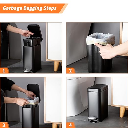 Small Bathroom Trash Can with Lid-5L/1.3 Gal Stainless Steel Step Pedal Trash Can, Black Slim Wastebasket Easy-Close Lid, Removable Liner Metal Garbage Container Bin for Bedroom, Kitchen, Office 4