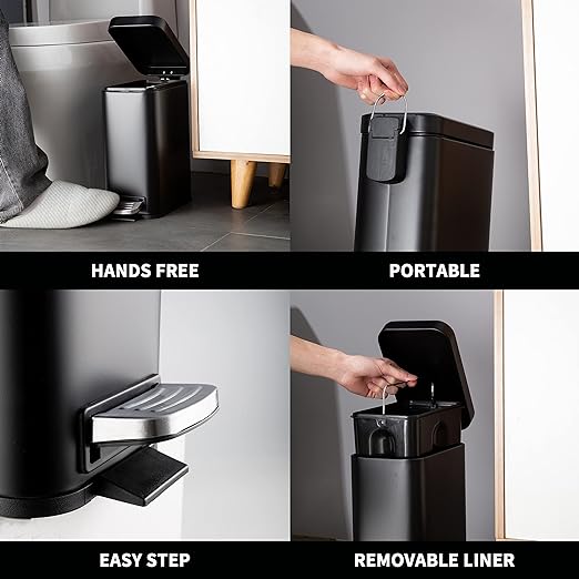 Small Bathroom Trash Can with Lid-5L/1.3 Gal Stainless Steel Step Pedal Trash Can, Black Slim Wastebasket Easy-Close Lid, Removable Liner Metal Garbage Container Bin for Bedroom, Kitchen, Office 5