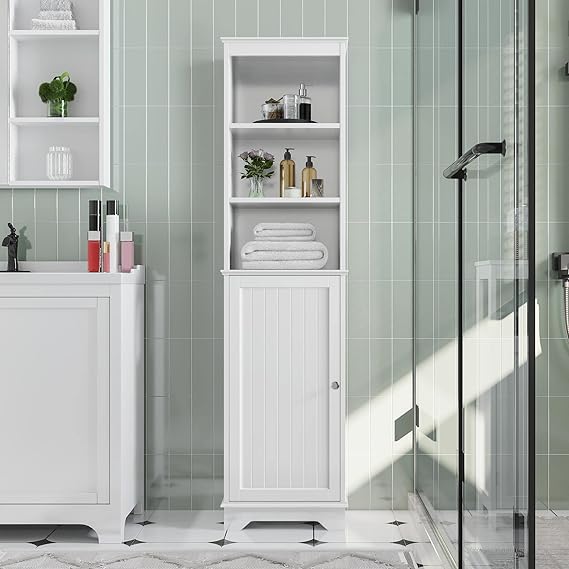 Yaheetech Bathroom Cabinet, Storage Cabinet with 3 Open Shelves & Single Door, Floor Freestanding Tall Linen Cabinet, Narrow Corner Organizer for Bathroom, Living Room, White 3