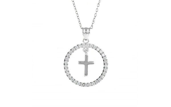 925 Sterling Silver Cubic Zirconia Circle Of Life Cross Necklace 18" For Women 1