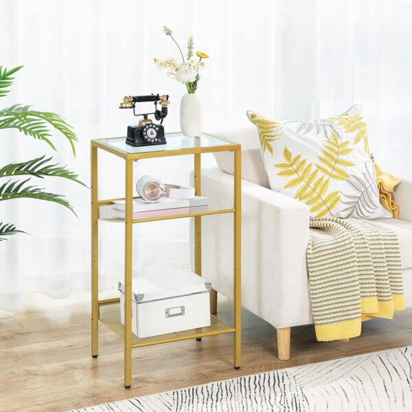 HOOBRO Tall End Table, Tempered Glass Telephone Table with Mesh Shelf, 3-Tier High and Narrow Side Table for Small Space, Sofa, Living Room, Bedroom, Easy Assembly, Modern Style, Gold GD04DH01 3