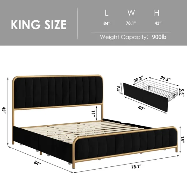 Homfa King Size Bed Frame with 4 Drawers, Round Metal Tube Platform Bed with Tufted Upholstered Headboard, Gold and Black 3