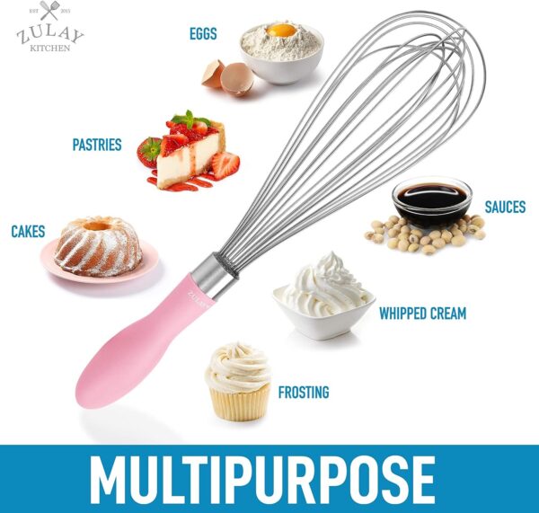 Zulay 12-Inch Stainless Steel Whisk - Balloon Whisk Kitchen Tool With Soft Silicone Handle - Thick Durable Wired Whisk Utensil For Blending, Beating, Whisking, Frothing, Stirring & More (Pink) 3
