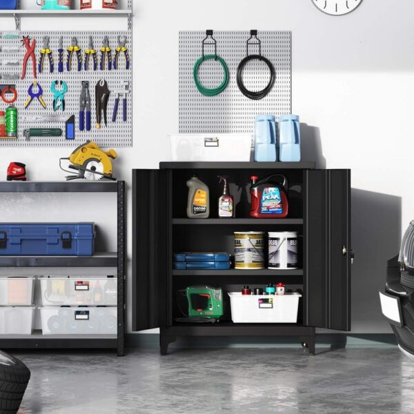 SONGMICS Garage Cabinet, Metal Storage Cabinet with Doors and Shelves, for Home Office, Garage and Utility Room, Black UOMC013B01 3
