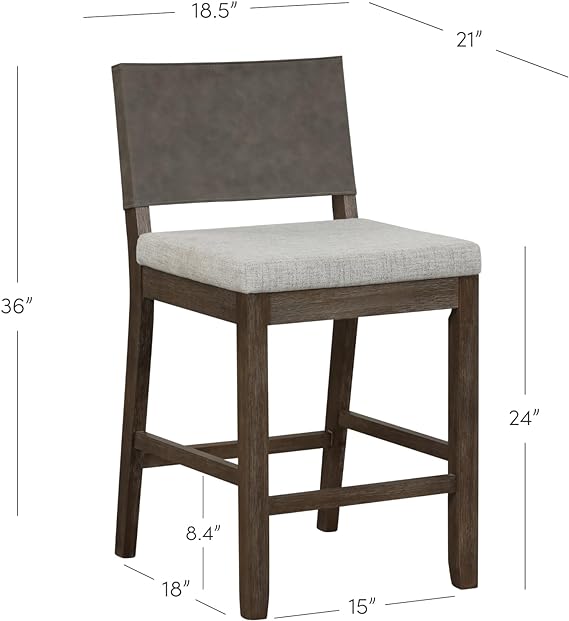 Nathan James Linus Modern Upholstered Counter Height Bar Stool with Faux Leather Back and Solid Rubberwood Legs in a Wire-Brushed Dark Brown Finish, Birch Ivory/Pewter Grey 3