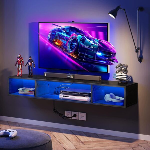 Rolanstar TV Stand with Power Outlet, Floating TV Stand with RGB Lights, 55.1" Wall Mounted TV Shelf, Black Media Console with Storage Shelf, Entertainment Shelf Under TV for Living Room, Bedroom 3