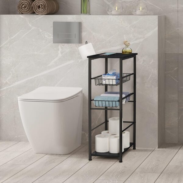 NOVIMANGO Small Storage Cabinet Bathroom Shelves Narrow Storage Tower Rack with 2 Drawers Freestanding Toilet Paper Organizer Cabinet with Paper Hanger Wooden Multifunctional Slide Basket Stand Black 3