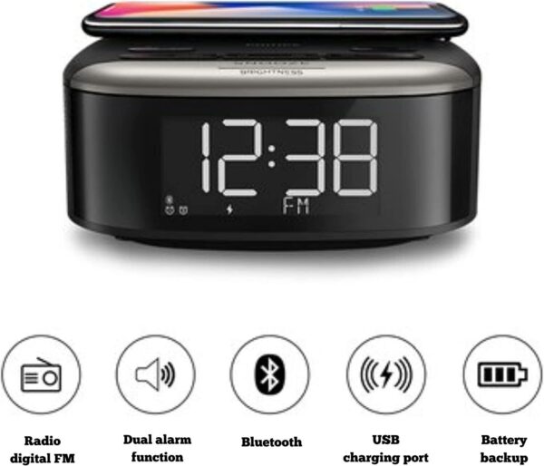 PHILIPS Alarm Clock Radio w/ Wireless Qi Phone Charger Easy Snooze, Sleep Timer 5