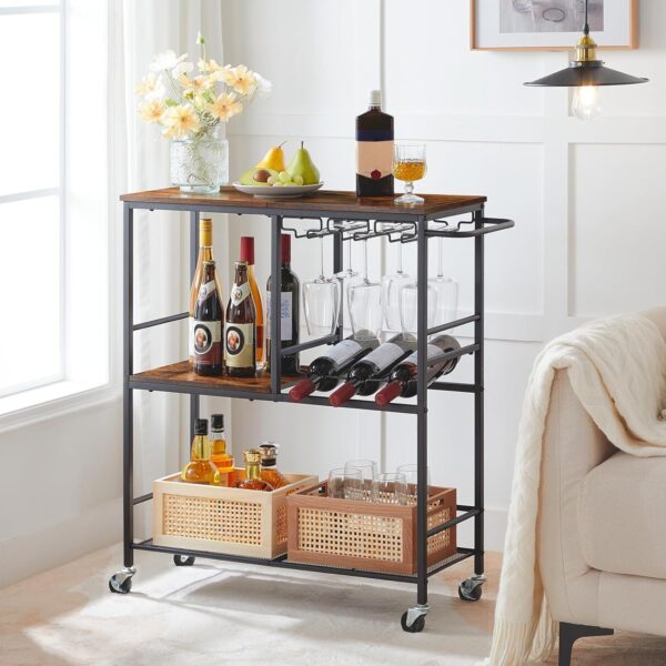 HOOBRO Bar Cart for The Home, 29.5 inches 3-Tier Serving Cart with Wheels, Rolling Kitchen Cart with Wine Rack and Glass Holder for Living Room, Party, Bar, Rustic Brown and Black BF21TC01 3