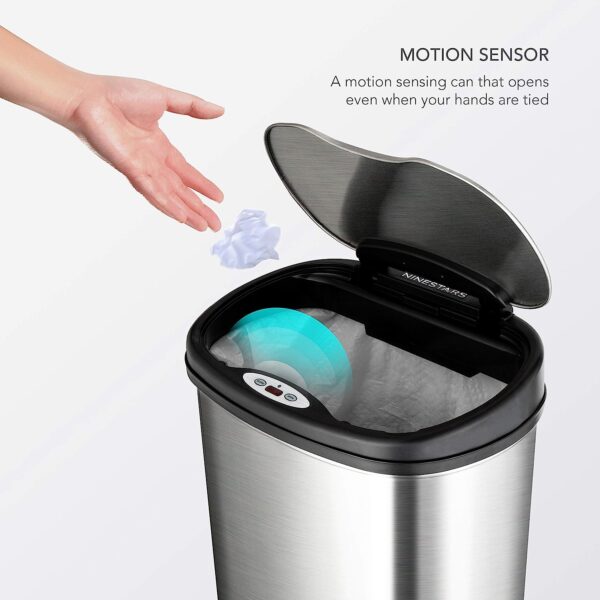 NINESTARS DZT-50-13 Automatic Touchless Motion Sensor Oval Trash Can with Black Top, 13 gallon/50 L, Stainless Steel 3