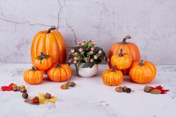 Artmag 8 Pcs Assorted Sizes Harvest Orange Artificial Pumpkins for Fall Halloween Thanksgiving Decorating Embellishing and Displaying 3