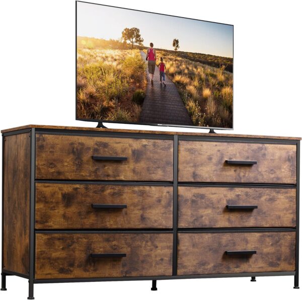 WLIVE Wide Dresser with 6 Drawers, TV Stand for 60" TV, Fabric Double Dresser, Large Storage Tower Unit, Chest of Drawers for Bedroom, Closet, Living Room, Hallway, Nursery, Rustic Brown 3