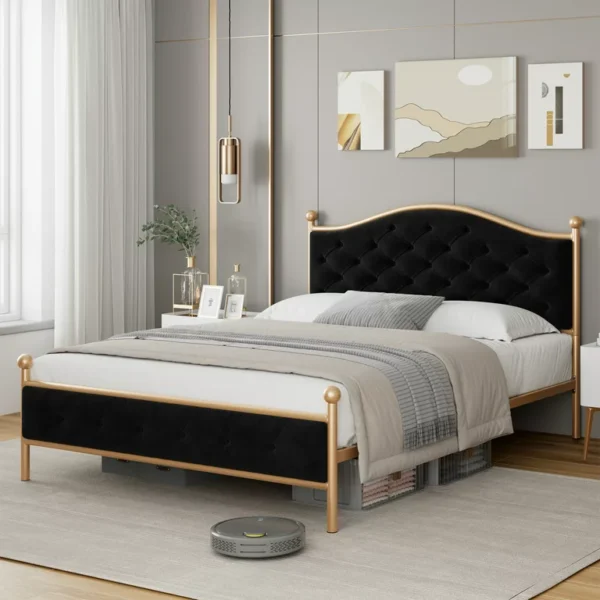 Homfa Full Size Bed Frame, Metal Tubular Platform Bed with Button Tufted Upholstered Headboard, Black 4