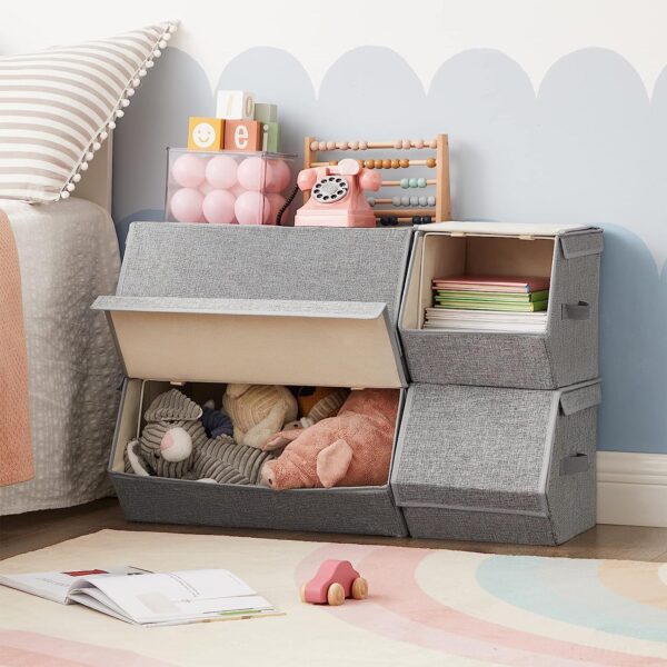 SONGMICS Storage Bins with Lids, Set of 4 Dorm Storage Bins, Collapsible Storage Cubes with Magnetic Closures, a Semi-Open Front, Lid Can Stay Open after Stacked up, Gray URLB22GY 3