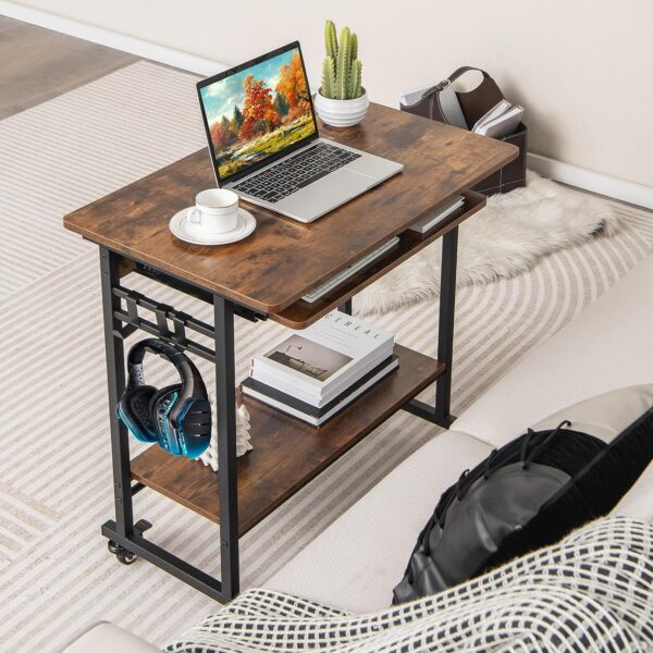 Tangkula Rolling Computer Desk Cart with Keyboard Tray, Mobile Portable Laptop PC Desk with CPU Stand & 3 Hooks for Sofa & Bed, Industrial Small Desk on Wheels for Small Spaces, Home Office Desk 3