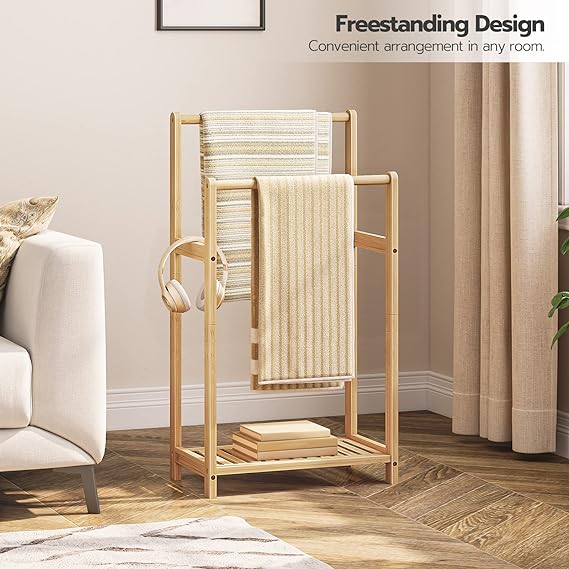 HOOBRO Freestanding Towel Rack for Bathroom, 2 Tier Decorative Bamboo Blanket Rack, Quilt Display Stand with Storage Shelf, 16.5" L x 9.4" W x 30.5" H, Bedroom, Living Room, Natural Color YL02LB01 3
