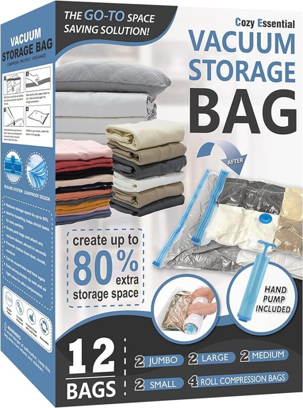 12 Pack Space Saver Bags (2 Jumbo/2 Large/2 Medium/2 Small/4 Roll) Compression Storage Bags for Comforters and Blankets, Vacuum Sealer Bags for Clothes Storage, Hand Pump Included 4