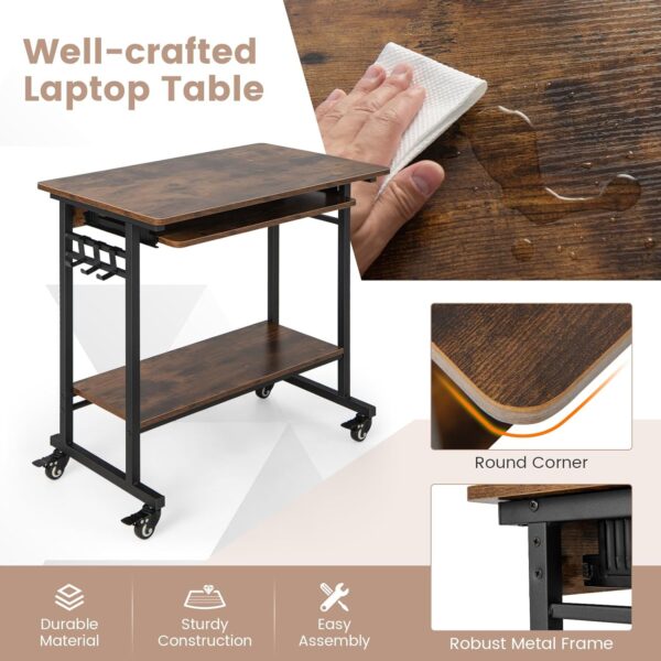 Tangkula Rolling Computer Desk Cart with Keyboard Tray, Mobile Portable Laptop PC Desk with CPU Stand & 3 Hooks for Sofa & Bed, Industrial Small Desk on Wheels for Small Spaces, Home Office Desk 4