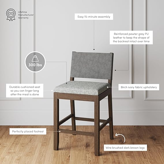 Nathan James Linus Modern Upholstered Counter Height Bar Stool with Faux Leather Back and Solid Rubberwood Legs in a Wire-Brushed Dark Brown Finish, Birch Ivory/Pewter Grey 4