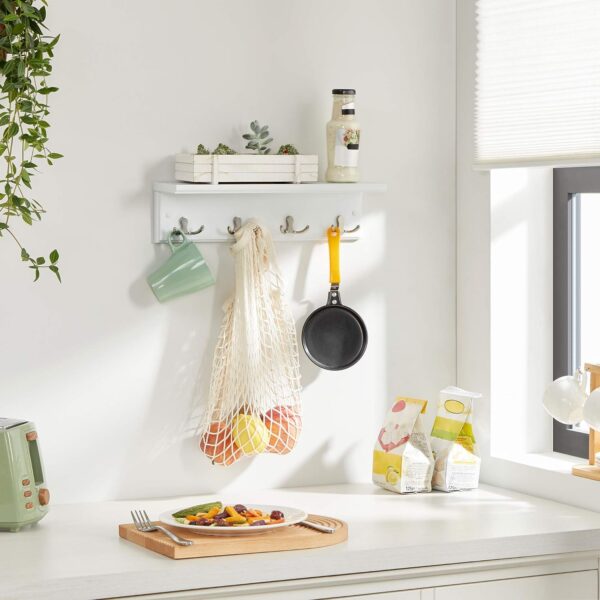 SONGMICS Coat Rack with Shelf, Wall-Mounted Coat Rack, with 4 Metal Dual Hooks for Coats, Bags, for Entryway, Bedroom, Living Room, White ULHR42WT 4