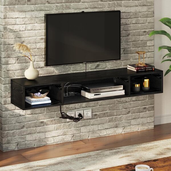 Rolanstar TV Stand with Power Outlet, Floating TV Stand with RGB Lights, 55.1" Wall Mounted TV Shelf, Black Media Console with Storage Shelf, Entertainment Shelf Under TV for Living Room, Bedroom 4