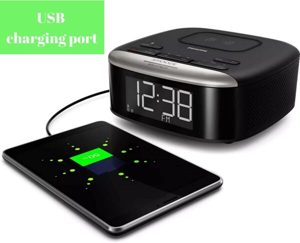 PHILIPS Alarm Clock Radio w/ Wireless Qi Phone Charger Easy Snooze, Sleep Timer 3