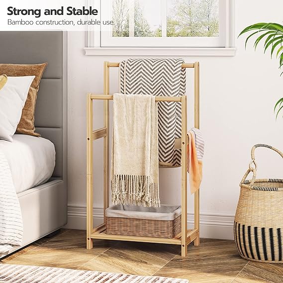 HOOBRO Freestanding Towel Rack for Bathroom, 2 Tier Decorative Bamboo Blanket Rack, Quilt Display Stand with Storage Shelf, 16.5" L x 9.4" W x 30.5" H, Bedroom, Living Room, Natural Color YL02LB01 4